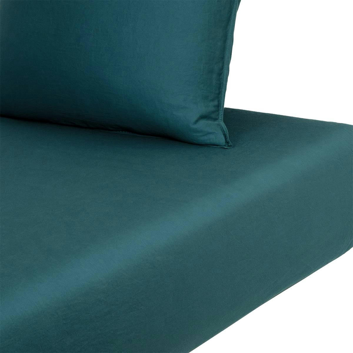 PALERME - Drap housse en satin de coton lavé vert 160 x 200 cm