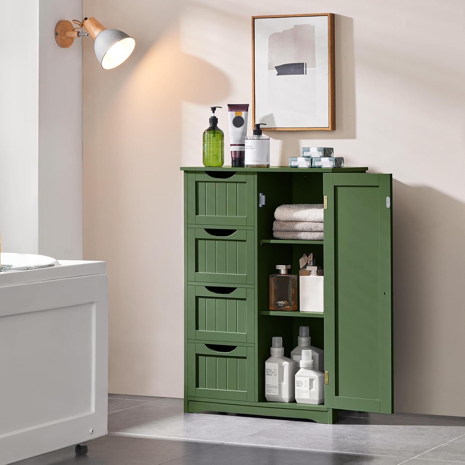 Yaheetech Wooden Bathroom Floor Cabinet, Side Storage Organizer Cabinet with 4 Drawers and 1 Cupboard, Freestanding Entryway Storage Unit Console Table, Bathroom Furniture Home Decor, Green