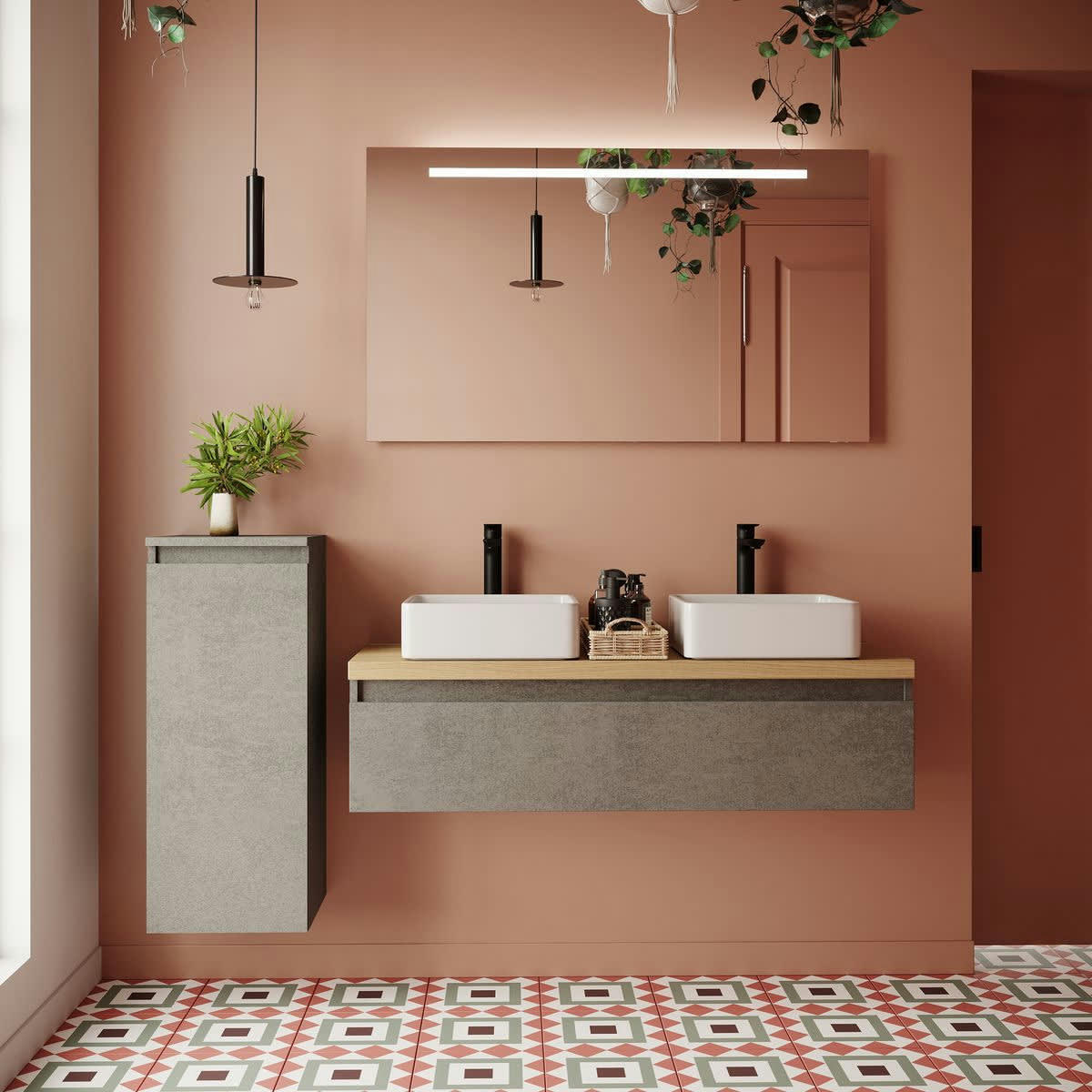 HUDSON - Meuble salle de bain 2 vasques posées 120cm 1 tiroir Béton