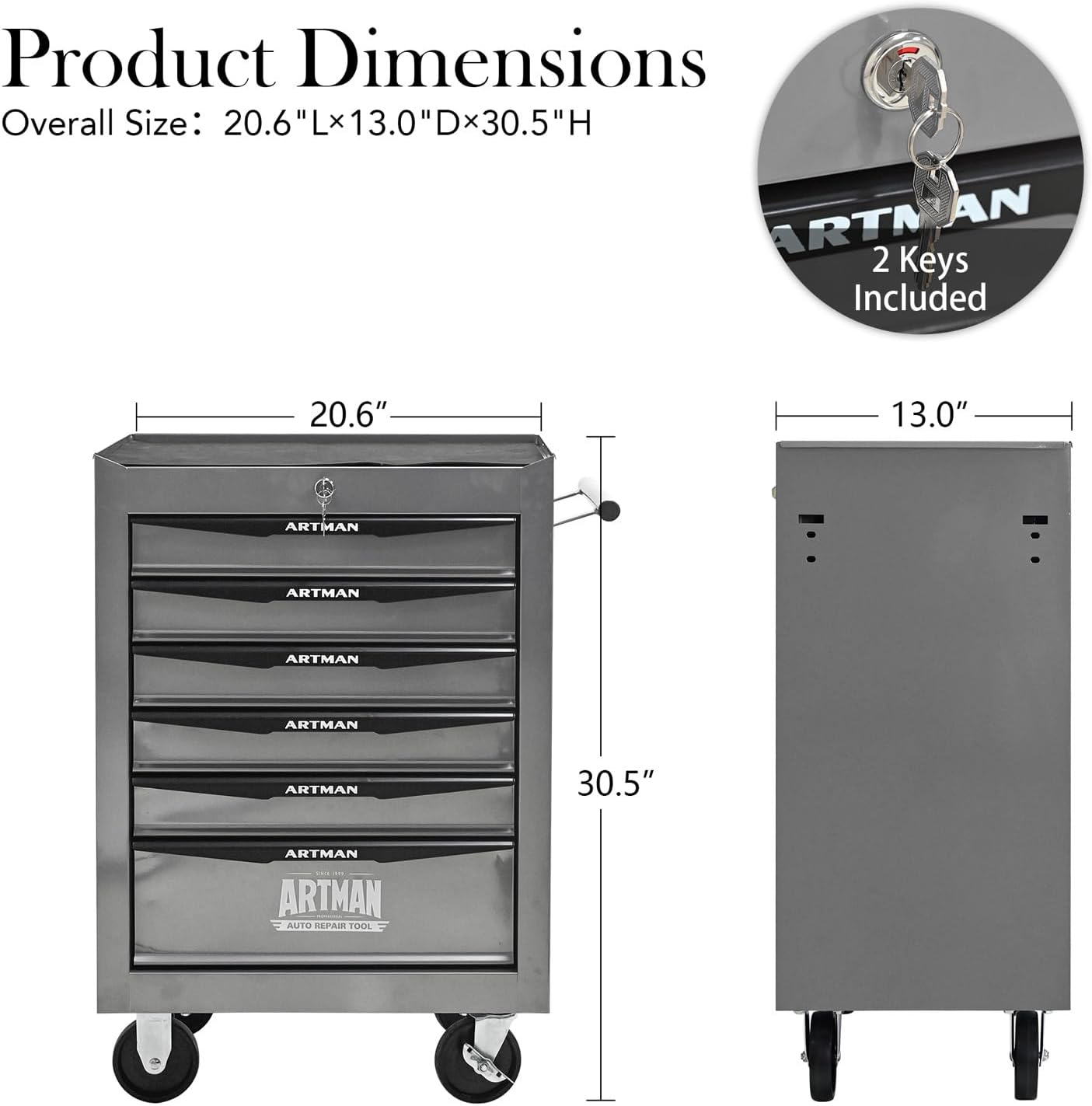 Iron-Top Rolling Tool Chest with Lockable Wheels and Side Handles, 7-Drawer Tool Storage Cabinet with Ball Bearing for Garage, Repair Shop, Required Assembly, Large Storage Capacity (Iron, 6-Gray)