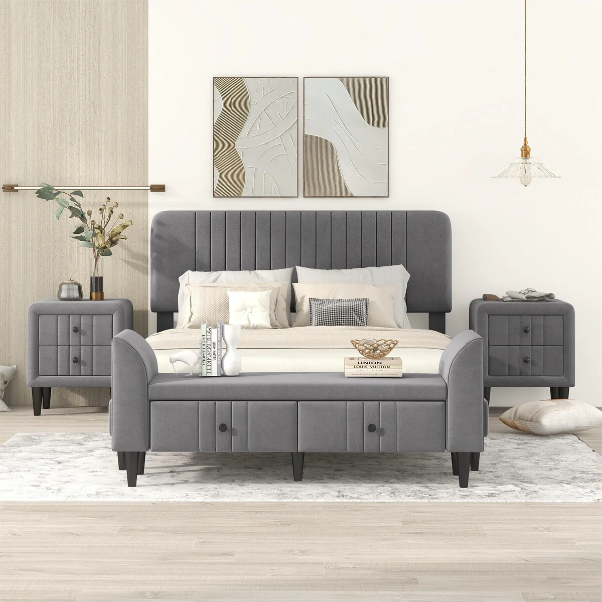Queen Size Upholstered Platform Bed with Two Nightstands and Bench