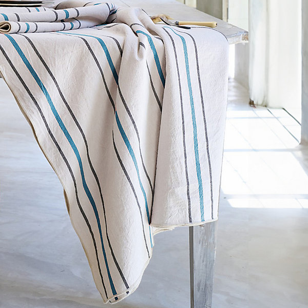 Nappe rectangle 160x200 cm HOSHI en coton fil teint à rayures bleu Lagon