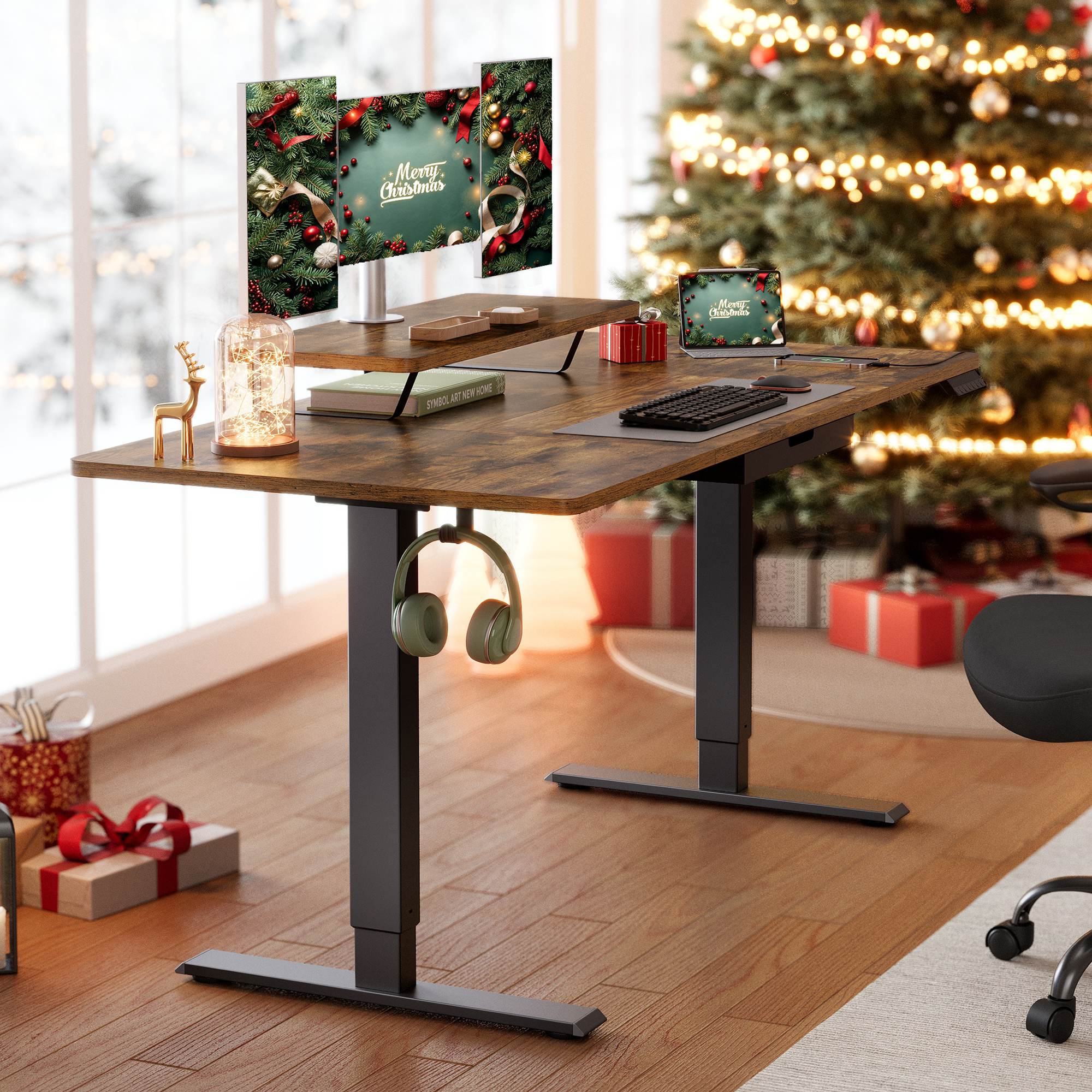 Bureau électrique réglable avec tiroir support écran et port USB