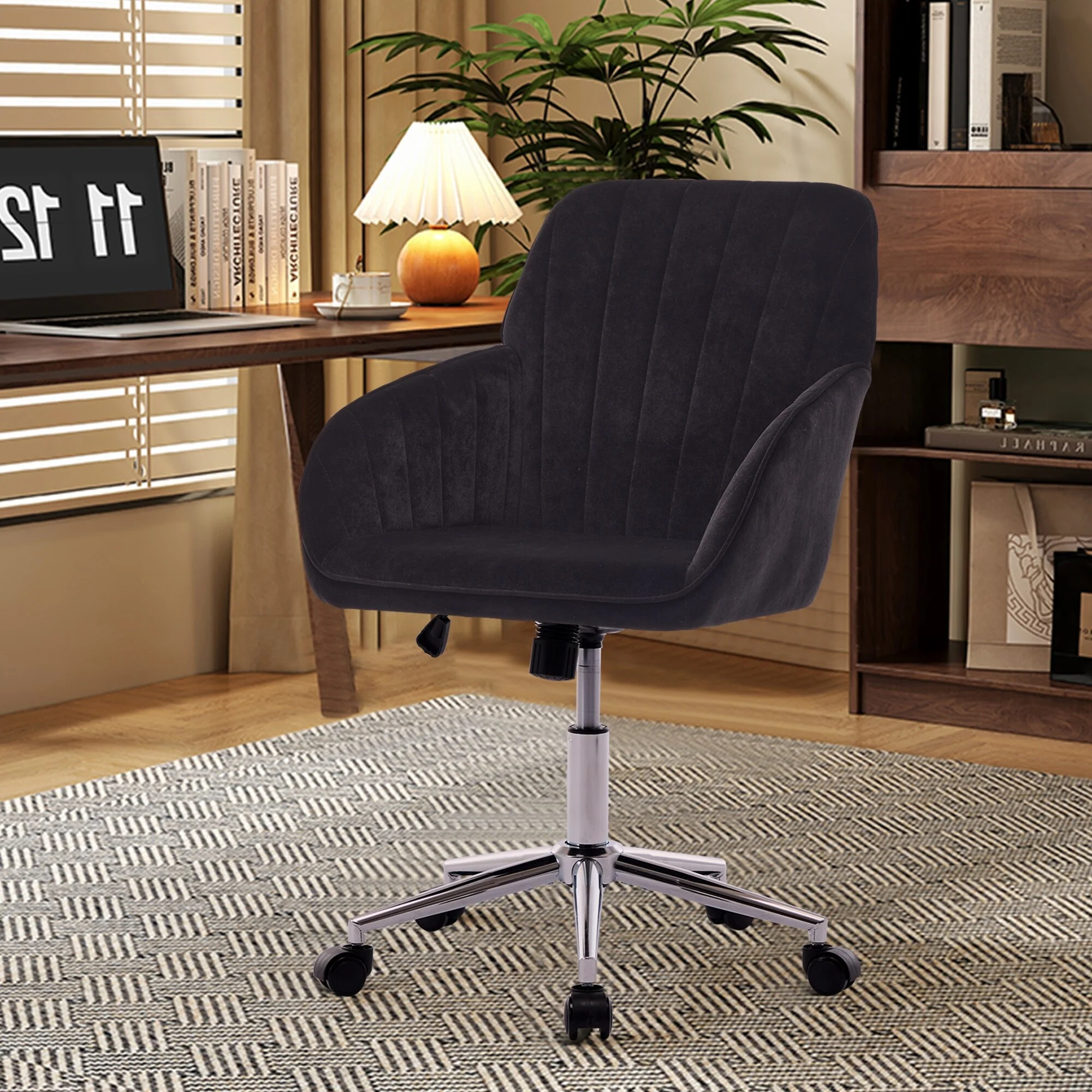 Velvet Home Office Chair, Ergonomic Swivel Study Desk Chair, Upholstered Vanity Chair with Backrest Seat and Metal Base - N/A