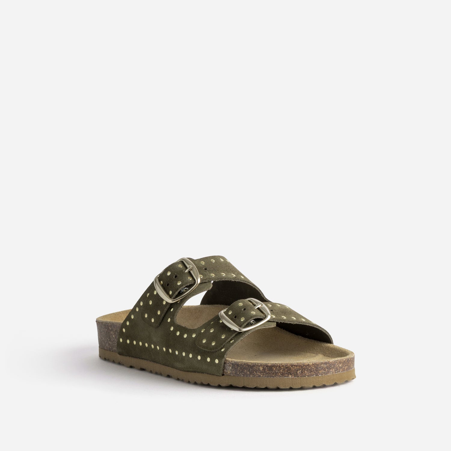 Mule anatomique kaki cuir velours décor clous
