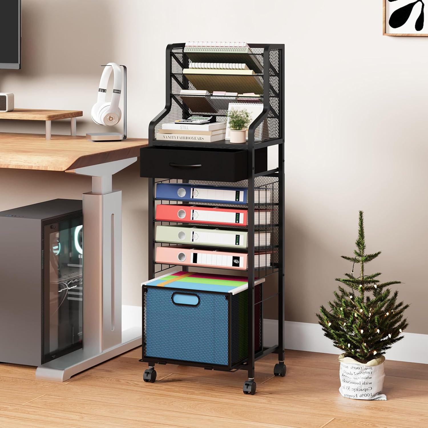 SWTYMIKI 10-Tier Rolling File Cart - Mesh Paper Organizer with Drawer and Hanging File Folders on Lockable Wheels, Rolling File Cabinet for Office Organization, Storage in Home, Studio, School, Black