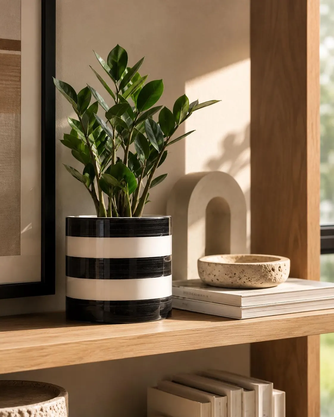 Black & White Striped Ceramic Planter | Indoor Plant Pot with Drainage Hole | Modern Home Decor | Housewarming Gift