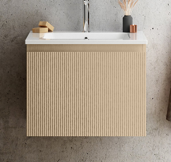 Meuble vasque suspendu plaqué chêne clair strié l.60 cm   plan vasque blanc mat résine, Pura