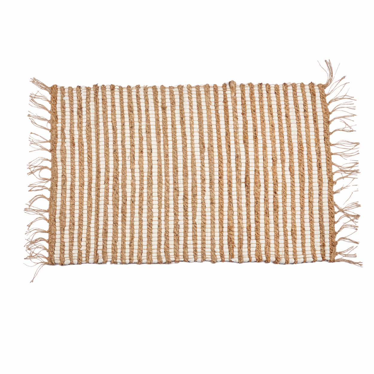 Dywan jutowy naturalny beż z frędzlami białe pasy 60x90 cm BOHO