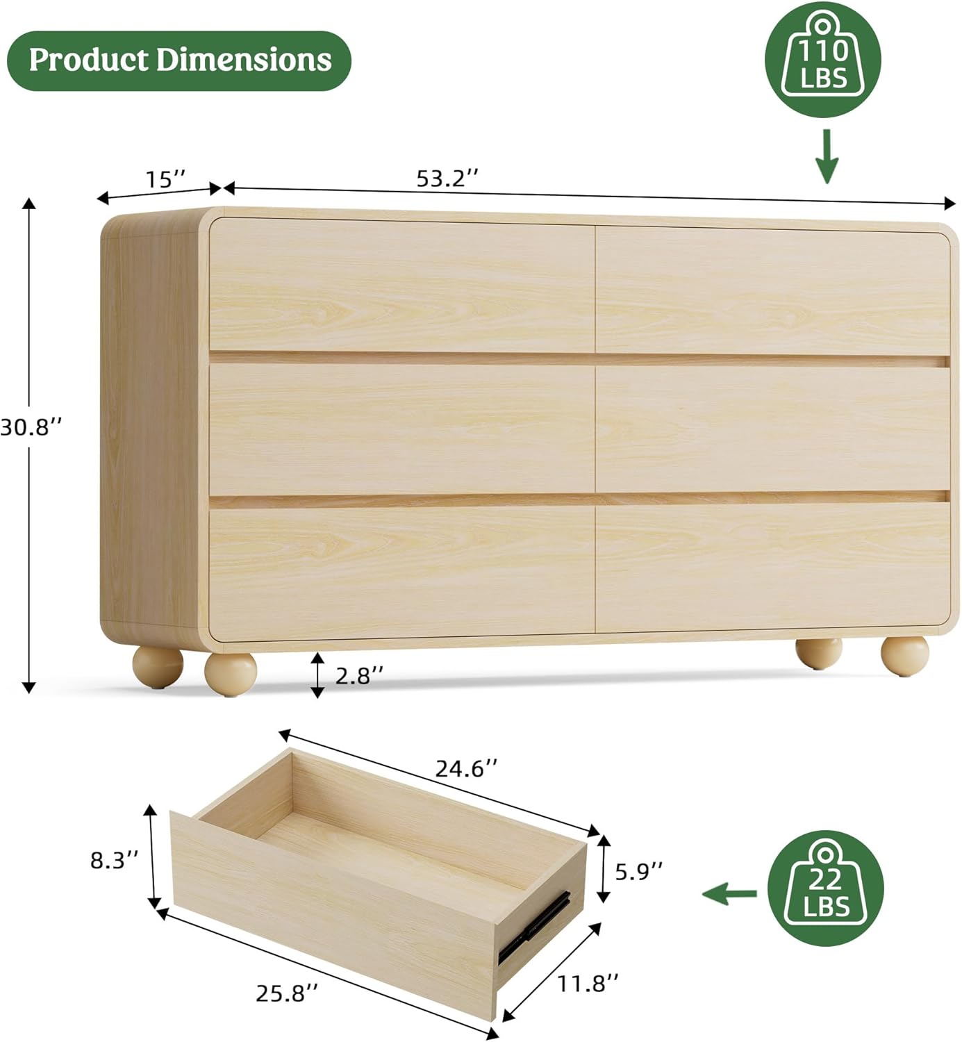 Lulive Wood Dresser for Bedroom, 53” Wide Chest of Drawers with 6 Drawers, Modern Closet Storage Drawer with Curved Profile Design for Living Room, Hallway, Entryway, Natural