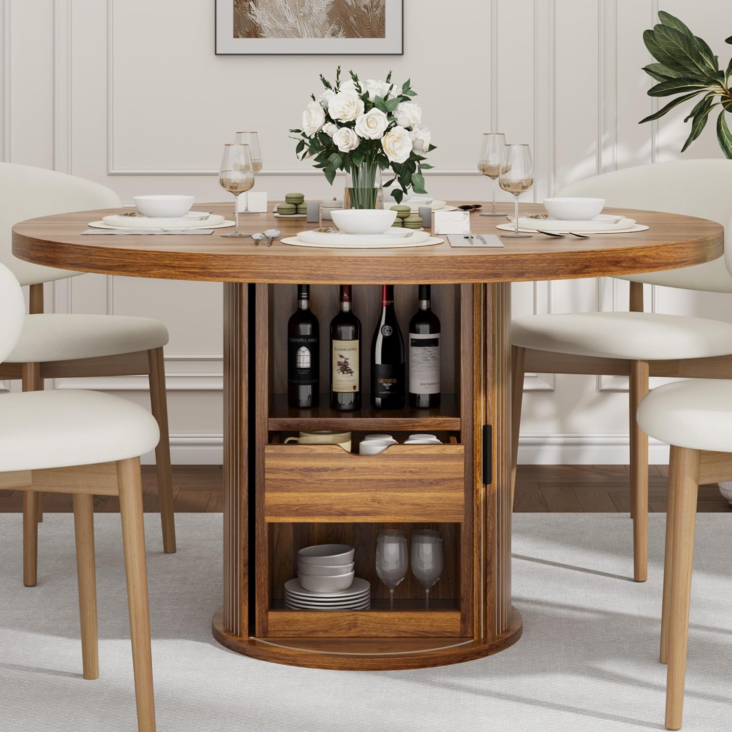 Garvee 47 Inch Round Dining Table for 4, Kitchen Table with 2-Layer Storage Shelf and a Drawer, Farmhouse Circle Dinner Table for Dining Room, Kitchen, Living Room (Table Only), Walnut