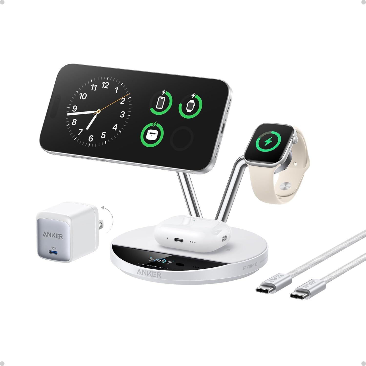 Anker Prime MagSafe Charger Compatible, 3-in-1 Charging Station, Qi2 25W Certified Wireless Charger Dock Stand, Smart Display with TEC Active Cooling, for iPhone 17, Apple Watch, AirPods, and More