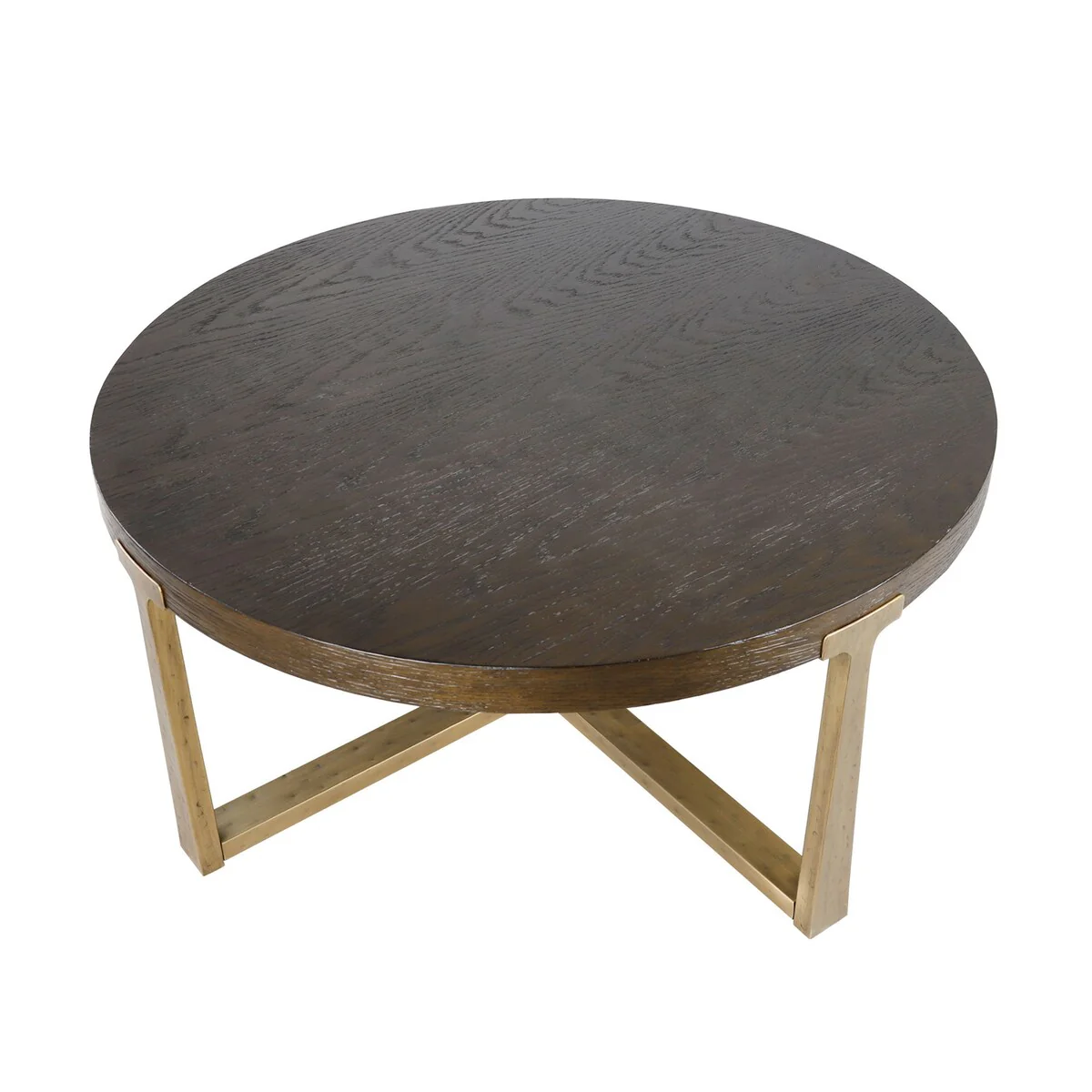 36 inch Rustic Round Wood Coffee Table Hammered Cross Legs Gold Finish Metal for Living Room - D36'' X H16''