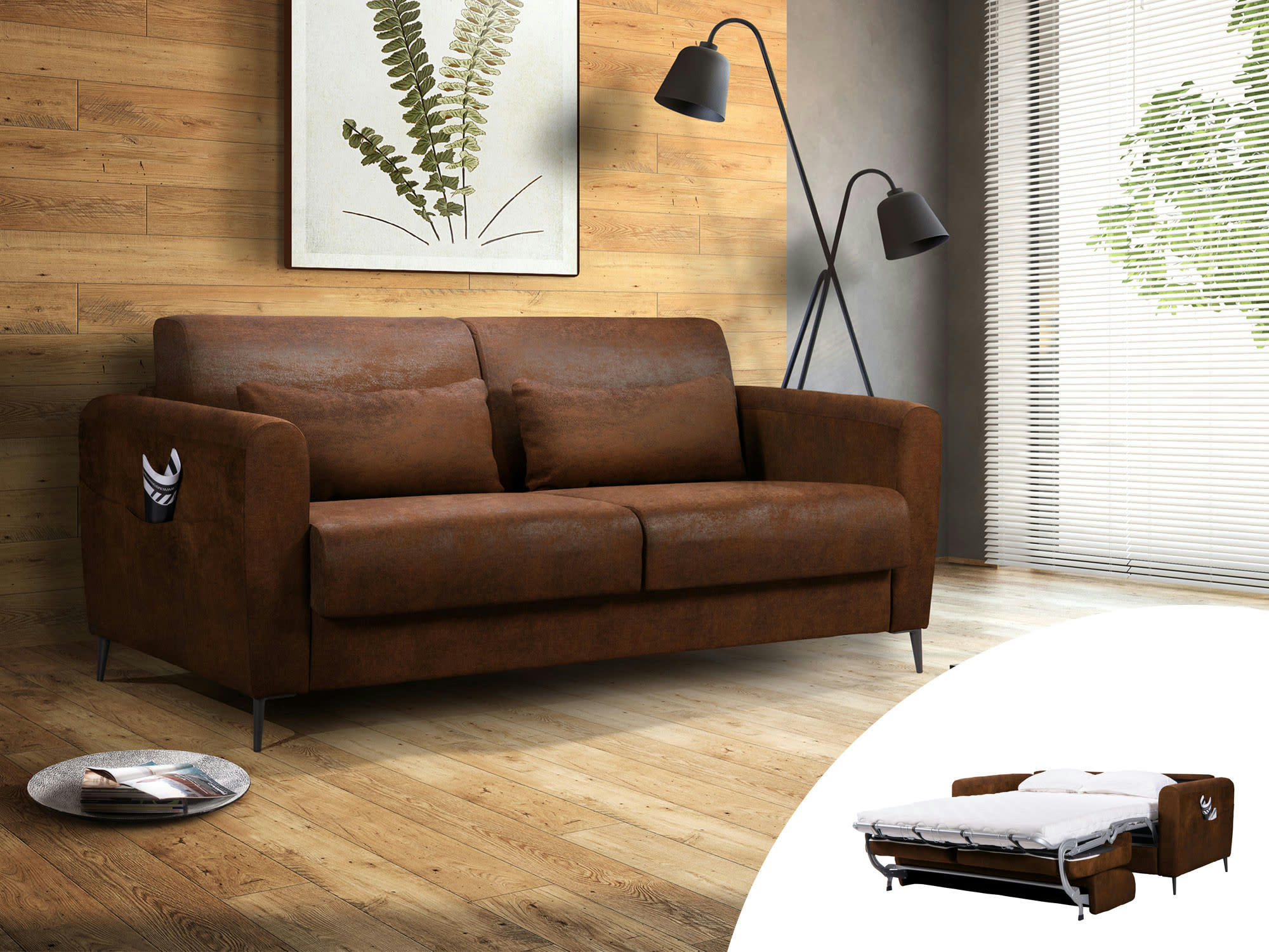 ALLAN - Canapé droit convertible 3 places en microfibre marron