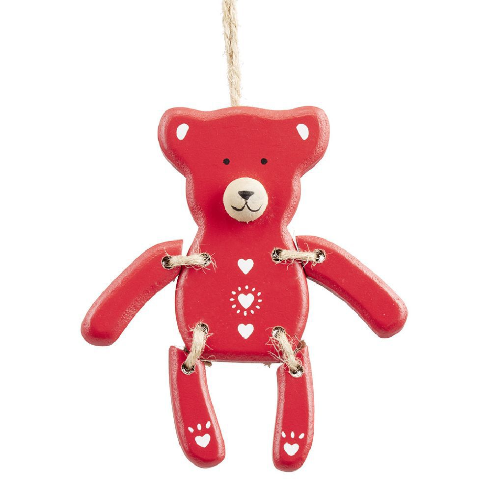 Suspension Ourson de No&euml;l en bois rouge et blanc H10,5cm