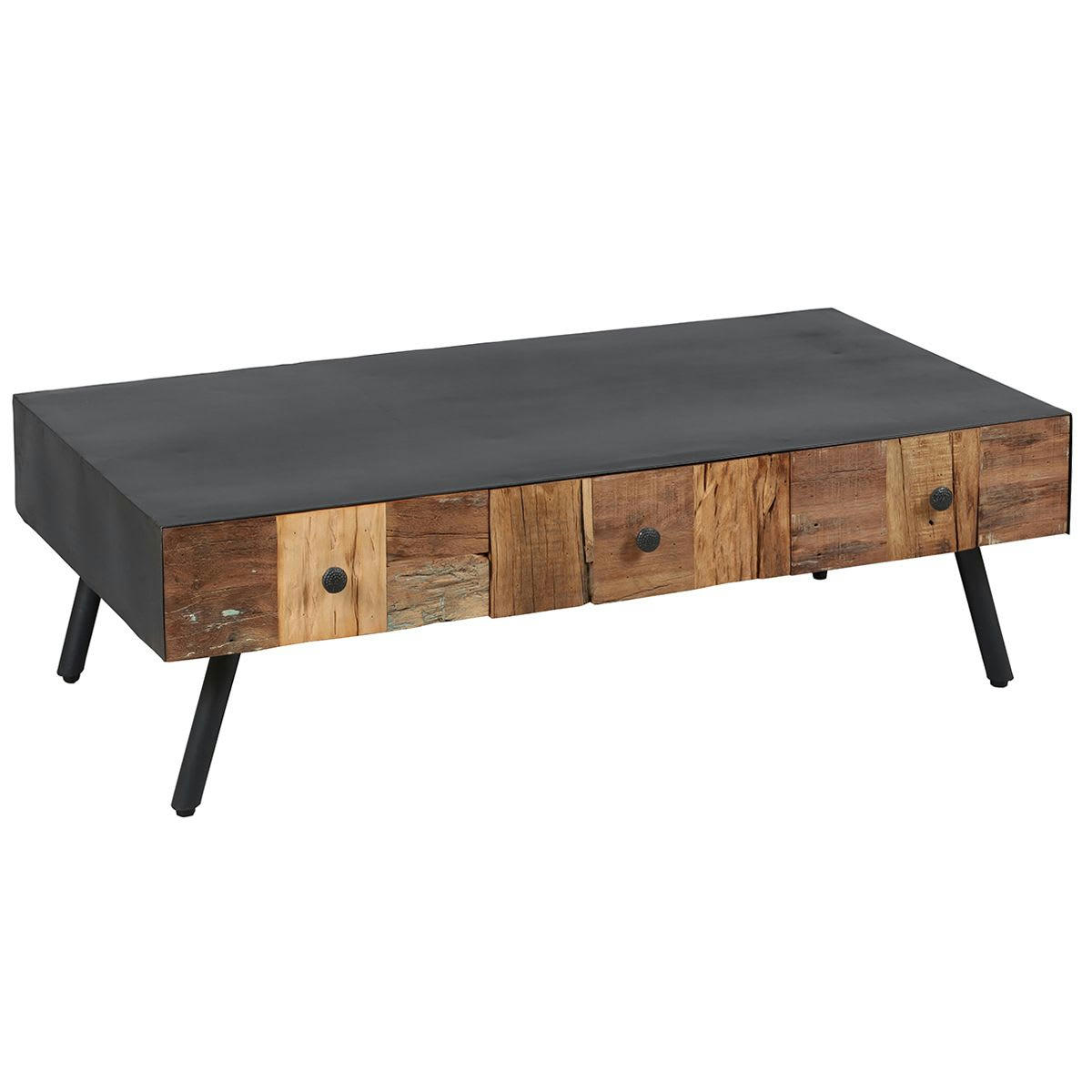 FULBERT - Table  basse 3 tiroirs acier et bois massif