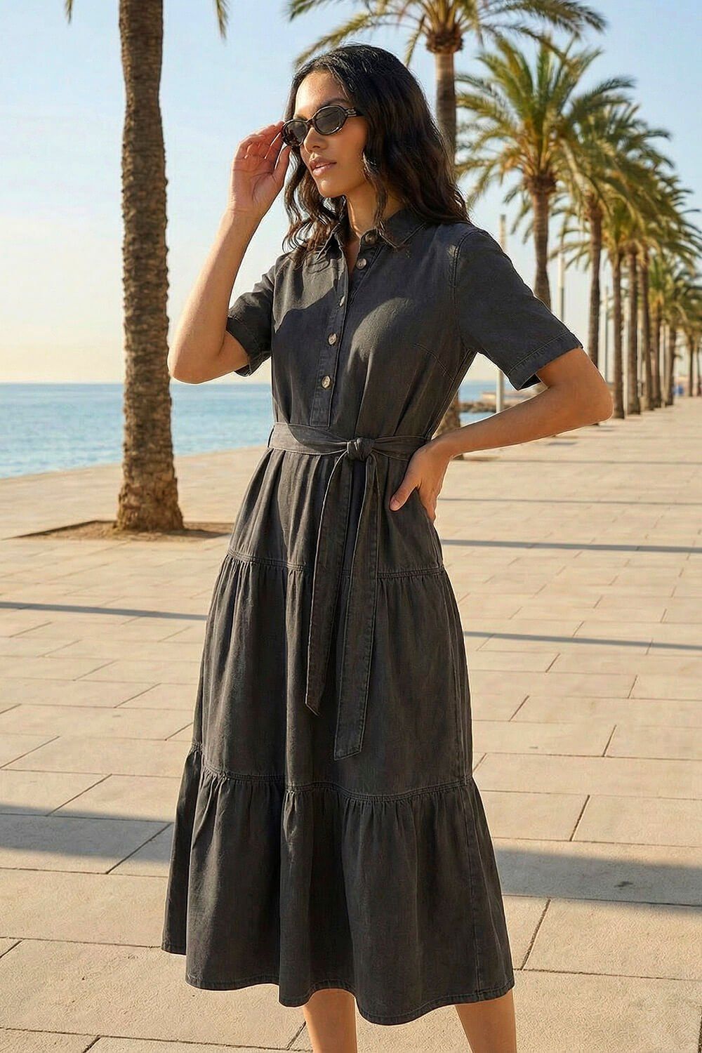 Roman Button Detail Tiered Midi Dress
