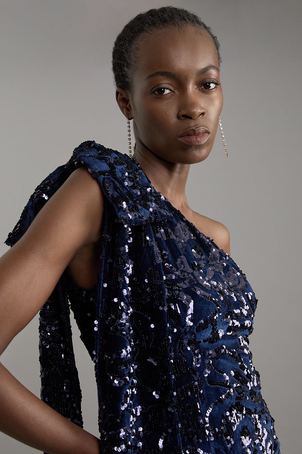 KarenMillen Petite Velvet Sequin One Shoulder Woven Maxi Dress