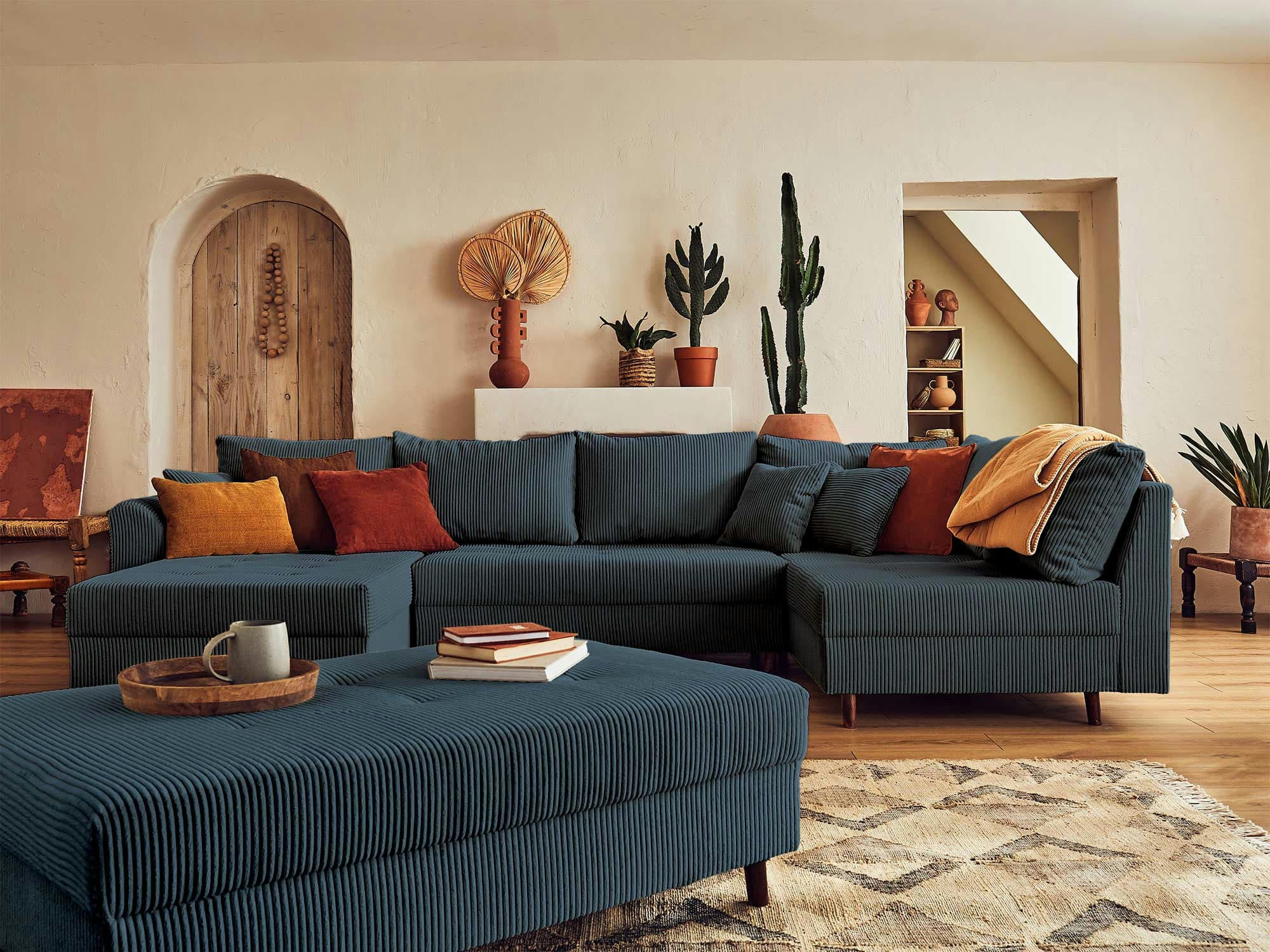 RUNE - Canapé d'angle droit convertible 7 places en velours côtelé bleu nuit