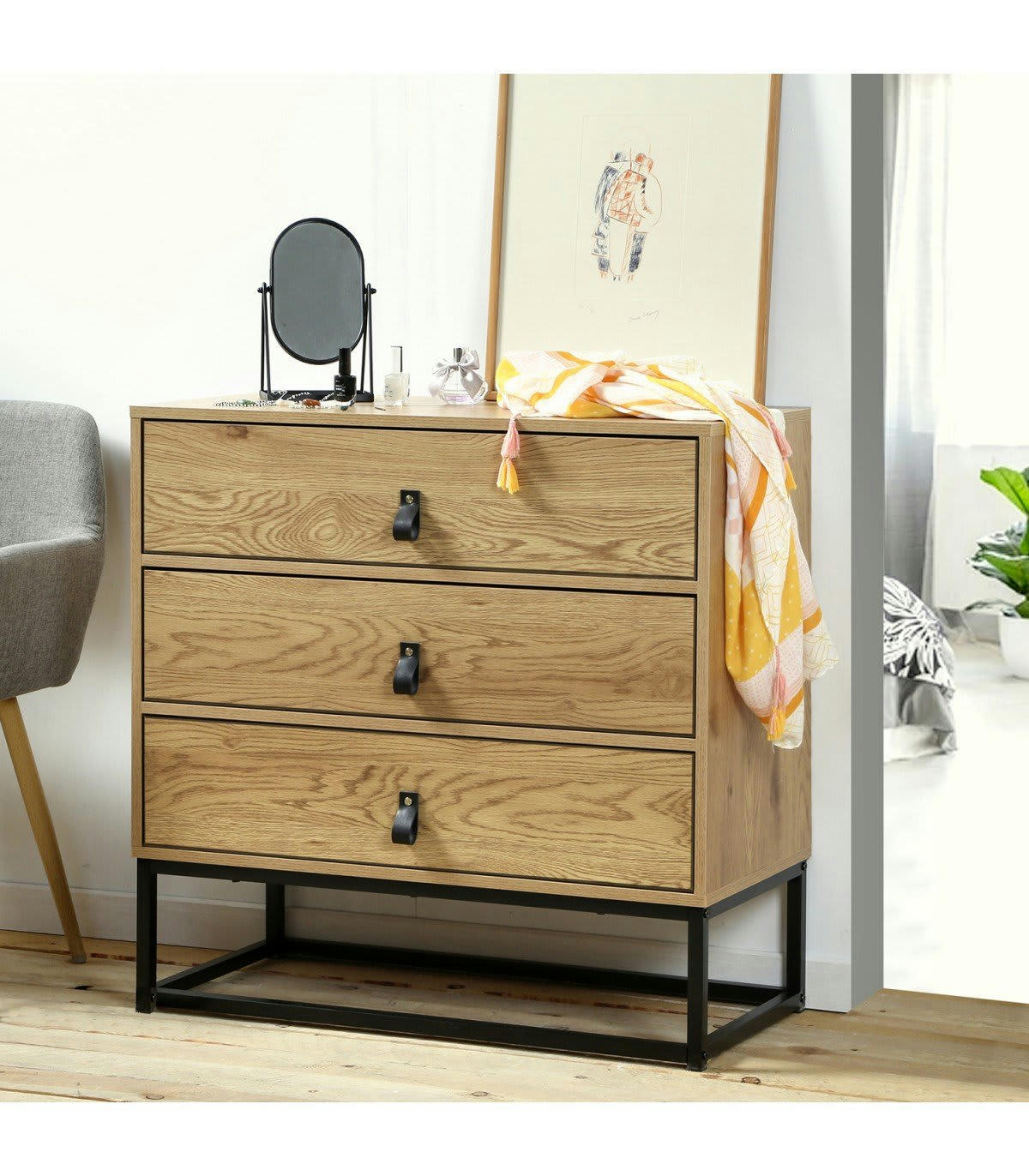 JILL - Commode 3 tiroirs décor chêne et piétement métal noir