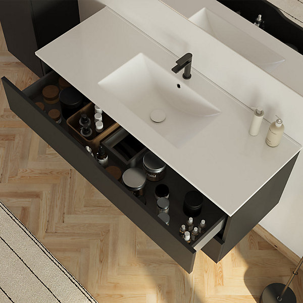 Meuble sous vasque seul, 2 tiroirs, 120cm, simple vasque - noir - LUNA
