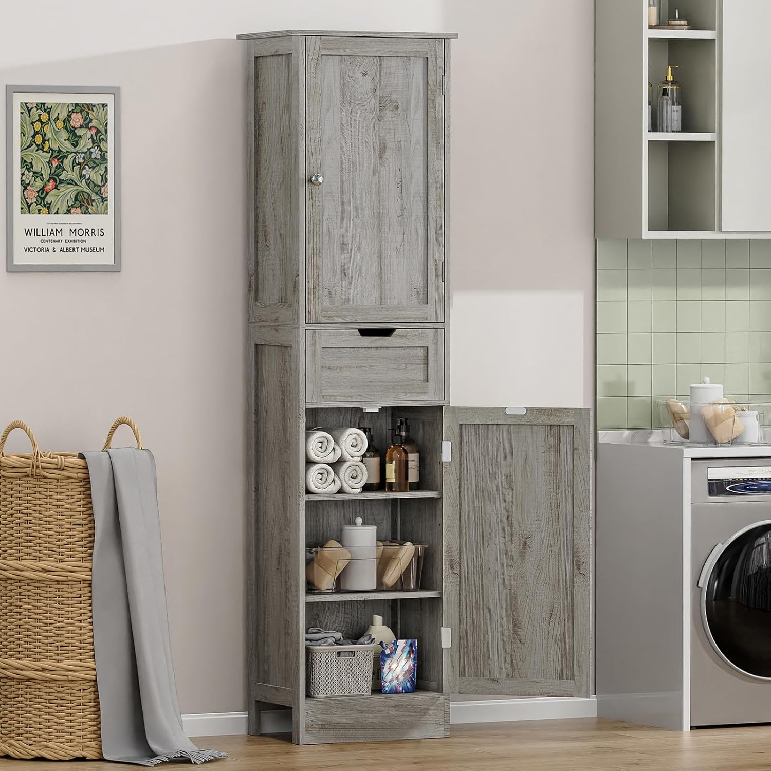 Iwell 67 Tall Bathroom Cabinet with Adjustable Shelves & 1 Drawer, Storage Cabinet with 2 Doors, Narrow Tall Cabinet, Floor Cabinet for Bathroom, Living Room, Home Office, Grey