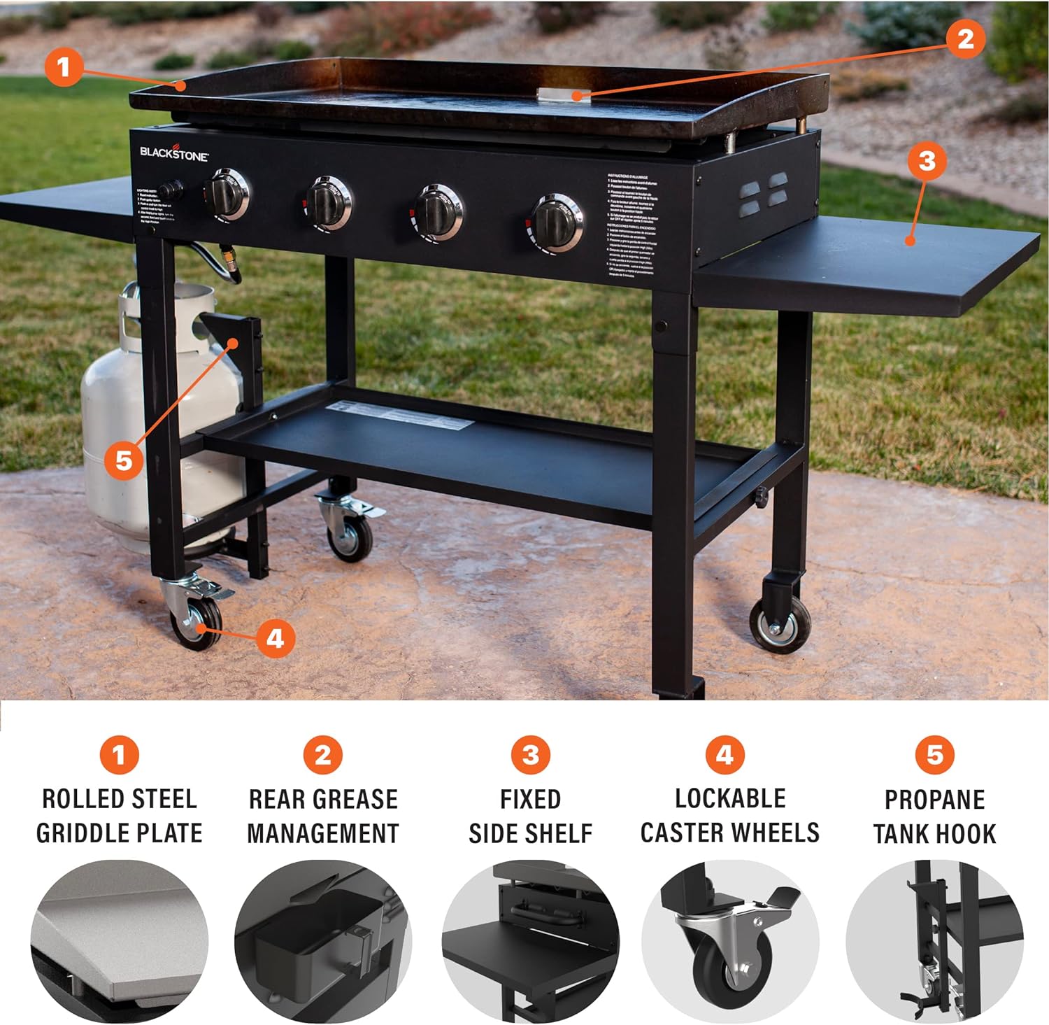 36 Gas Griddle Cooking Station 4 Burner Flat Top Gas Grill Propane Fueled Restaurant Grade Professional 36 Outdoor Griddle Station with Side Stands (1554)