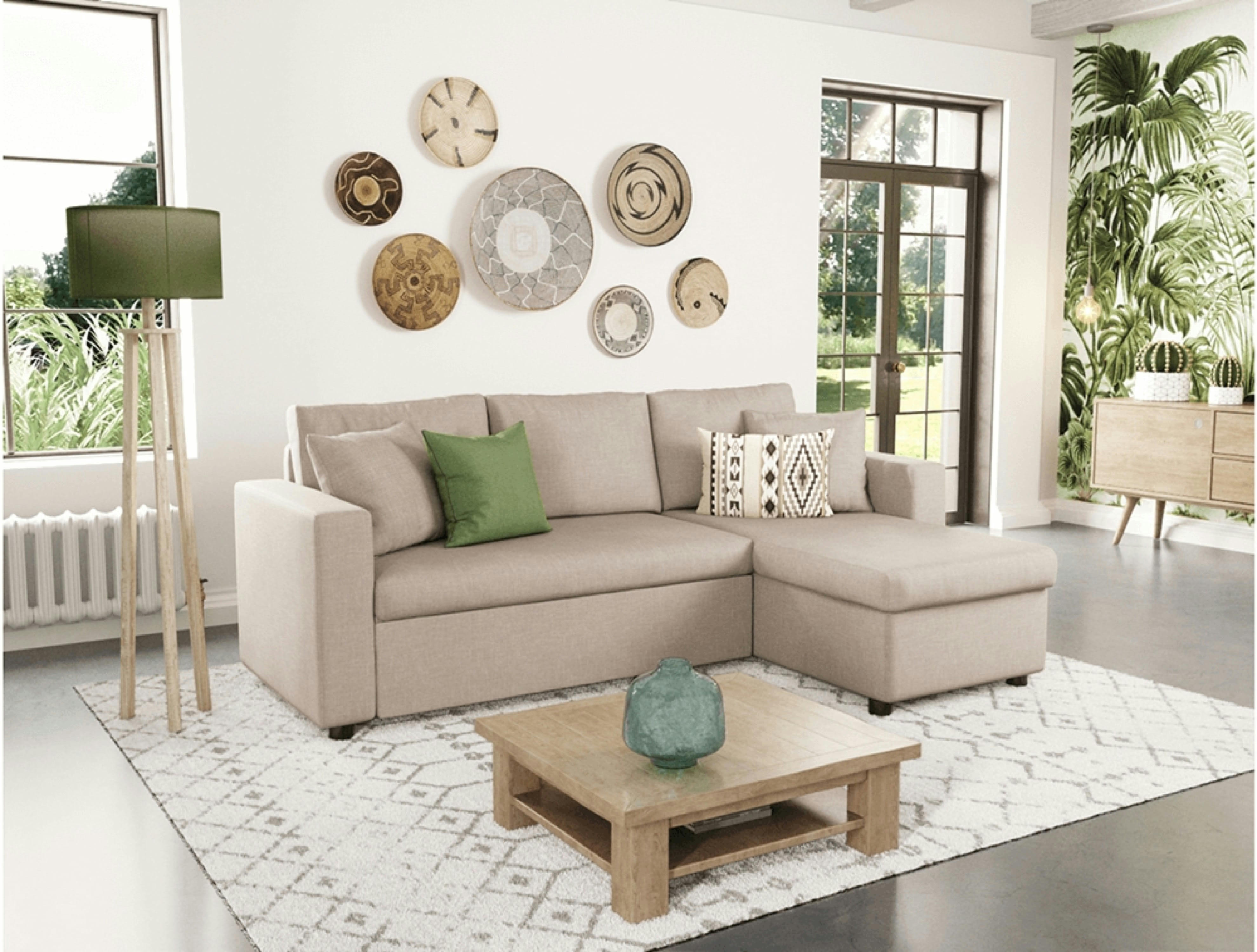 MARIA - Canapé d'angle réversible et convertible avec coffre en tissu beige