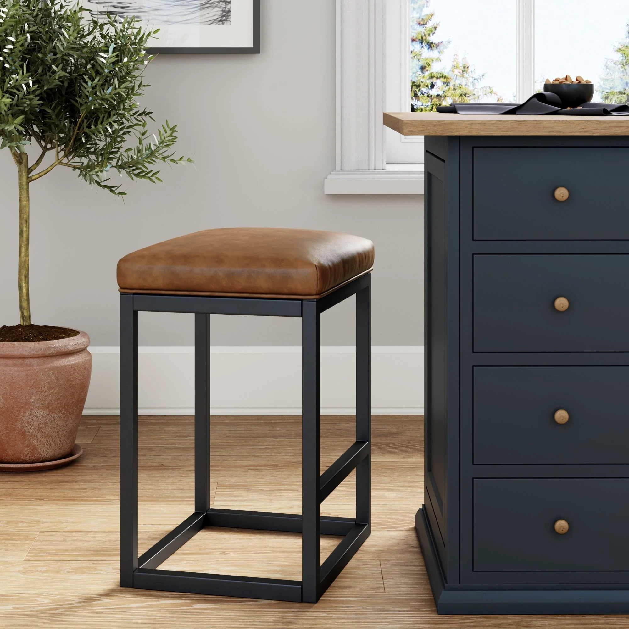 Nathan James Nelson Bar Stool with Leather Cushion and Metal Base, 24