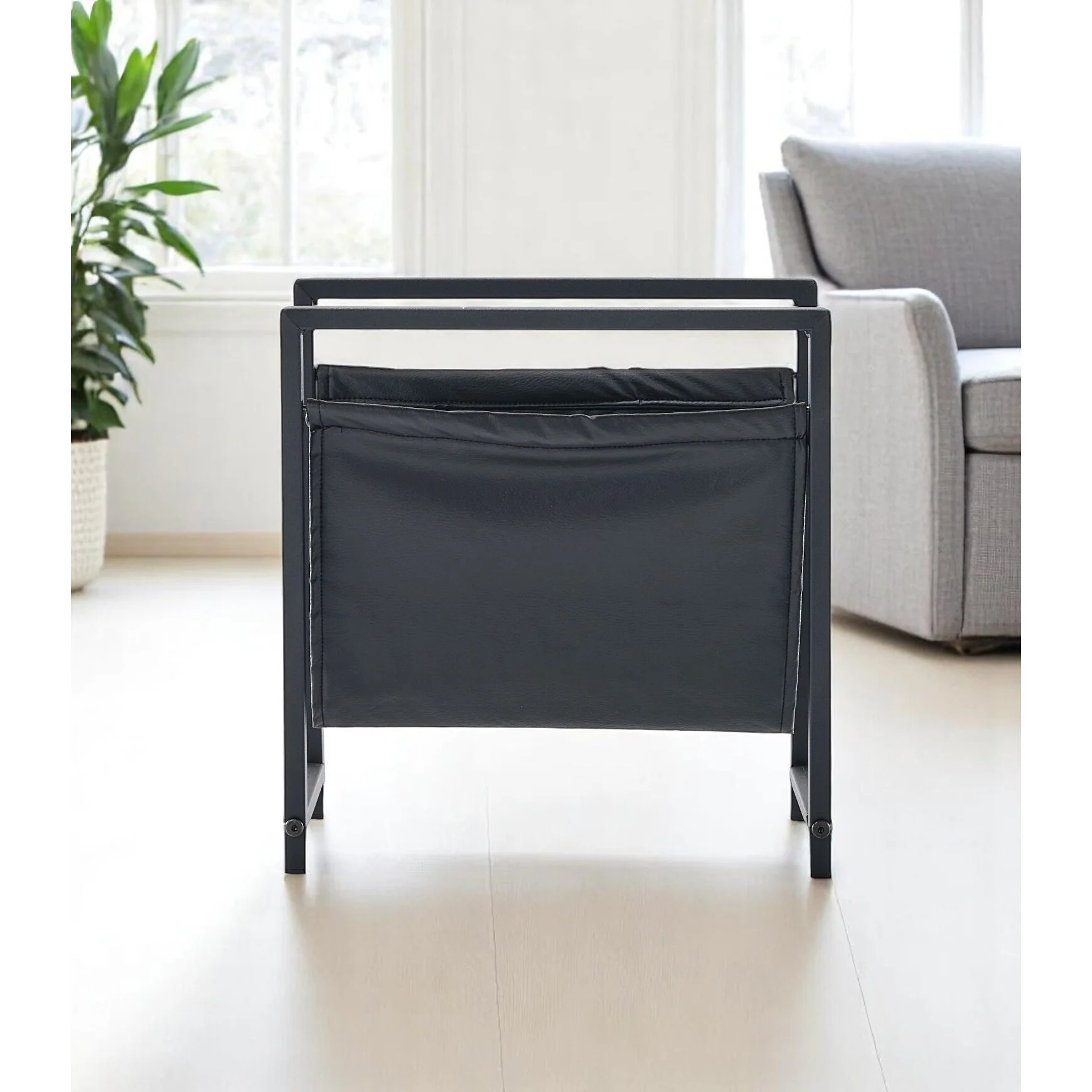 Eren Matte Black Metal Frame Leatherette Sling Magazine Holder for Living Rooms, Home Offices