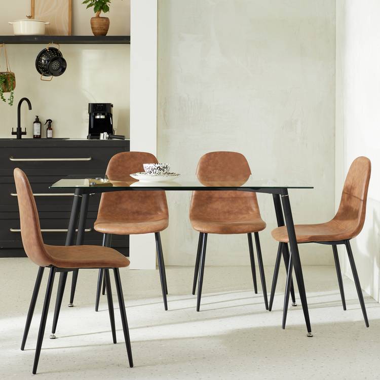 Habitat Beni Glass Oak Dining Table & 4 Tan Chairs