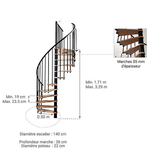 Escalier colimaçon 12 marches - Hauteur à franchir 2.28 à 2.82m - Diamètre 140cm - Structure noire et marche hêtre - BERL140-NH-12