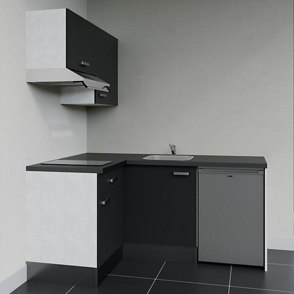 Kitchenette KA02 façades Noir - Plan de travail Noir texturé - Crédences : Non - Evier inox - Electroménager Inox inclus