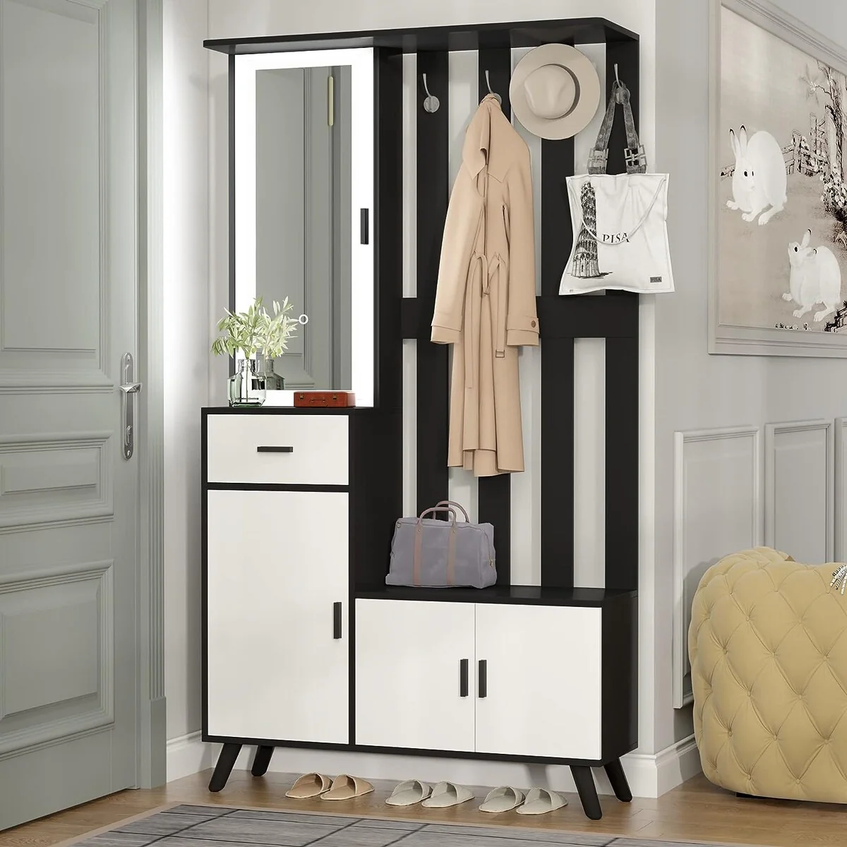 PAKASEPT Hall Tree with Lighted Mirror, (Black) 5 in 1 Entryway Coat Rack Freestanding