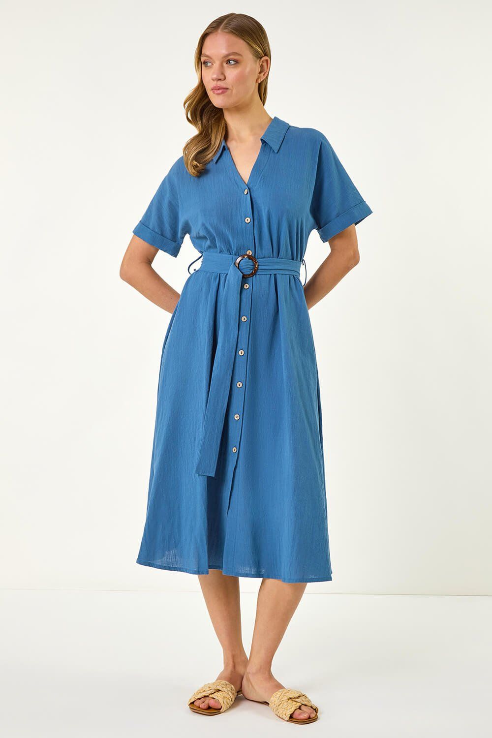 Roman Linen Look Belted Shirt Dress