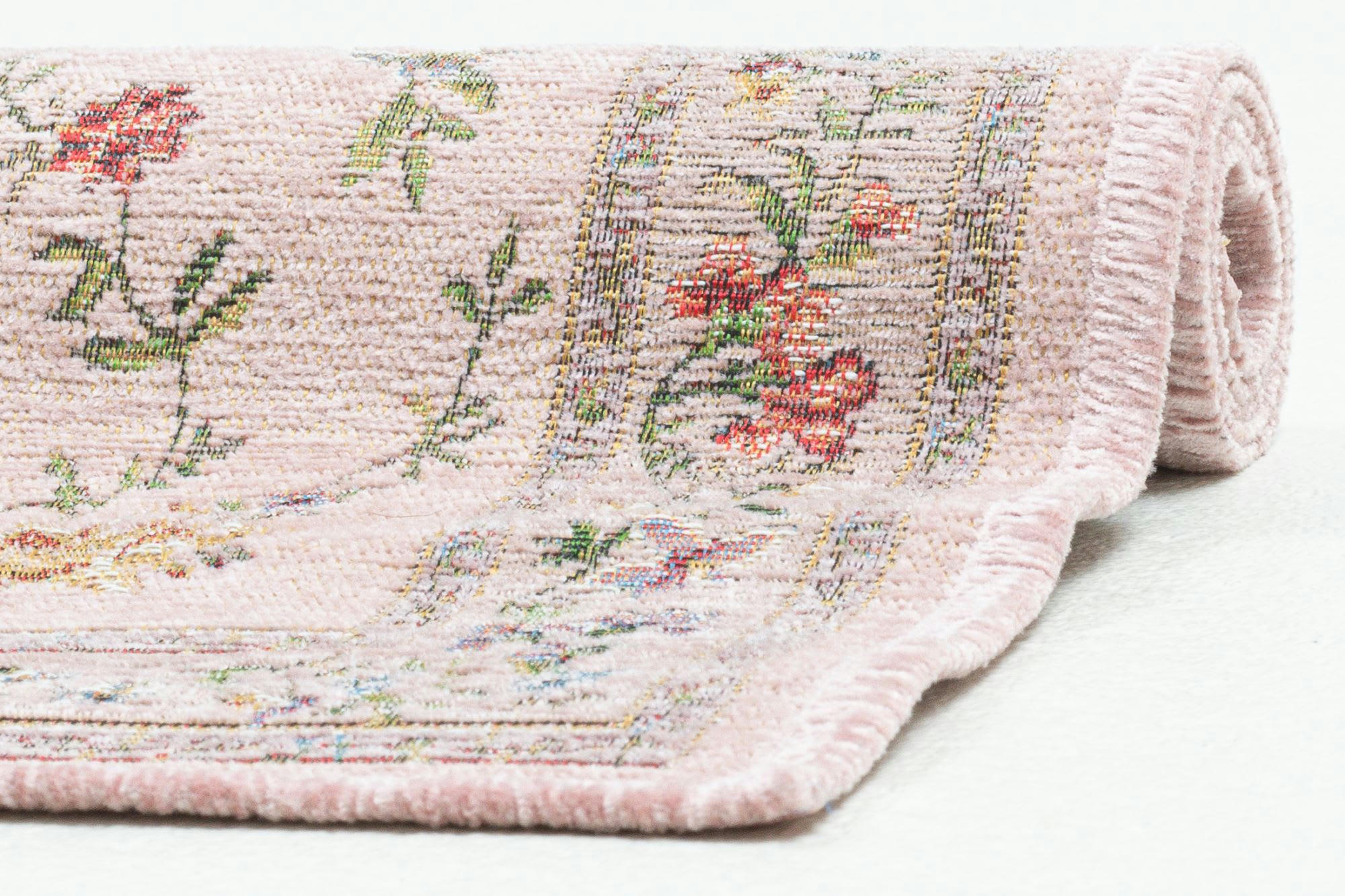 FLOMI - Tapis floral tissé plat rose 70x400 cm