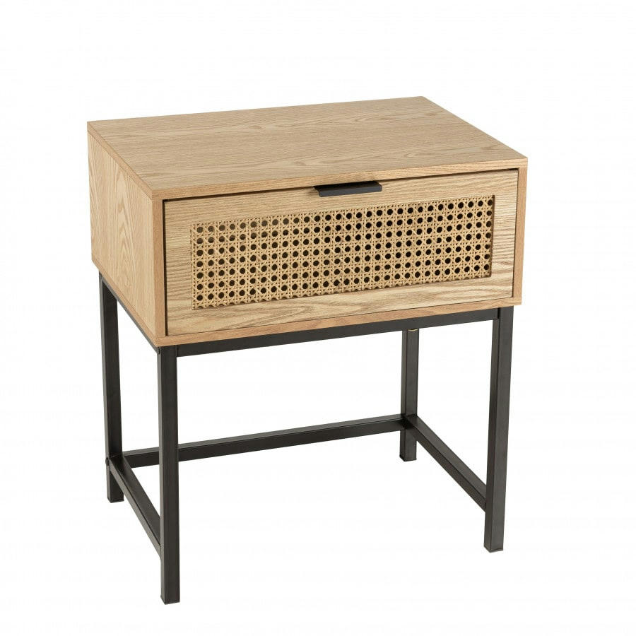 MARCEAU - Chevet 1 tiroir cannage naturel pieds métal noir