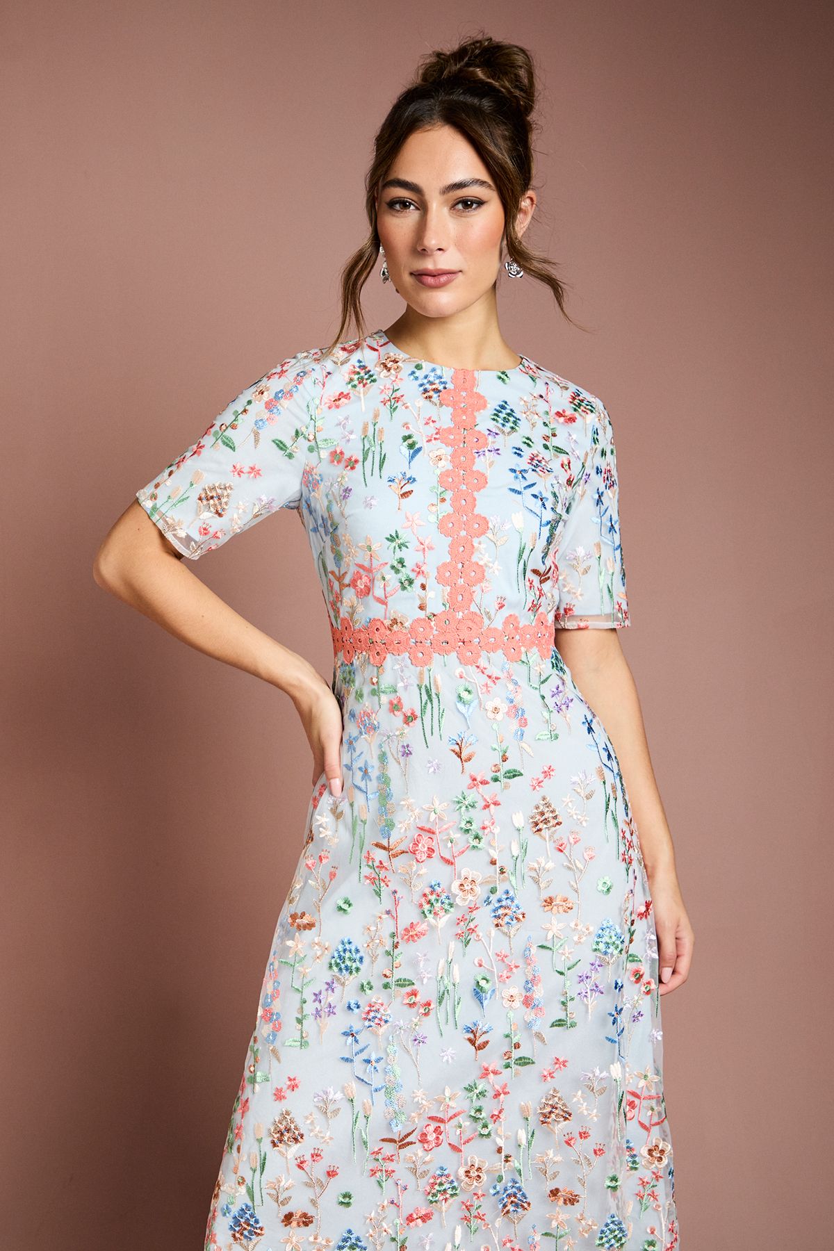 Coast Embroidered Floral With Laid On Lace Midi Dress