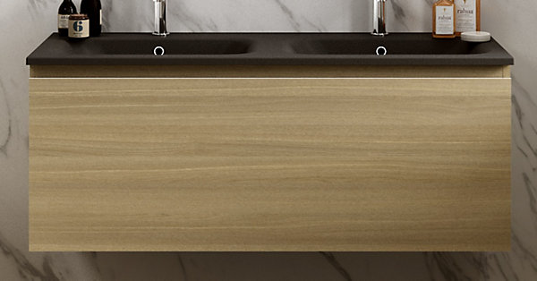 Meuble vasque suspendu effet chêne l.120 cm   plan double vasque noir résine, Pura
