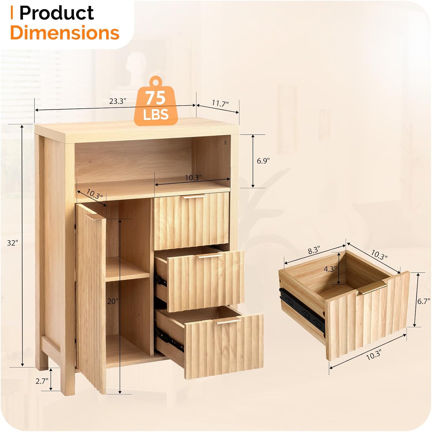 VINGLI Fluted Bathroom Floor Storage Cabinet with Fluted Door 3 Drawers,Modern 12 Inch Deep Short Bathroom Storage Cabinet Organizer Free-Standing for Small Space w/Adjustable Shelf,Natural Oak Color