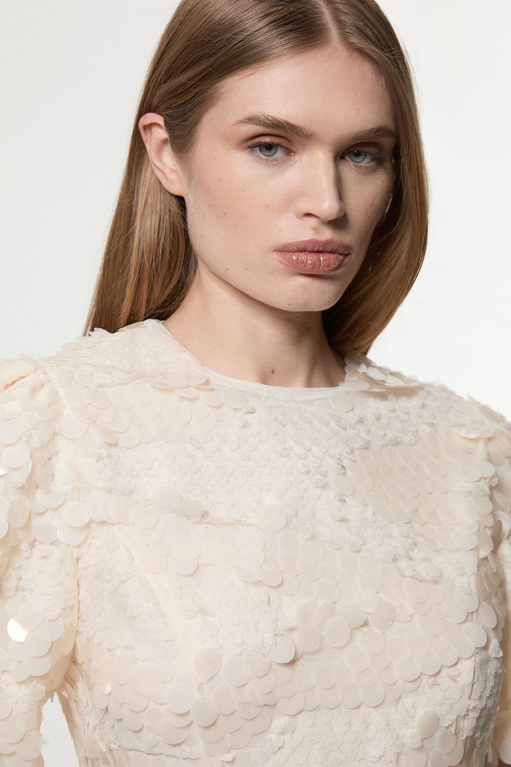 KarenMillen Textured Sequin Puff Sleeve Woven Satin Tie Mini Dress