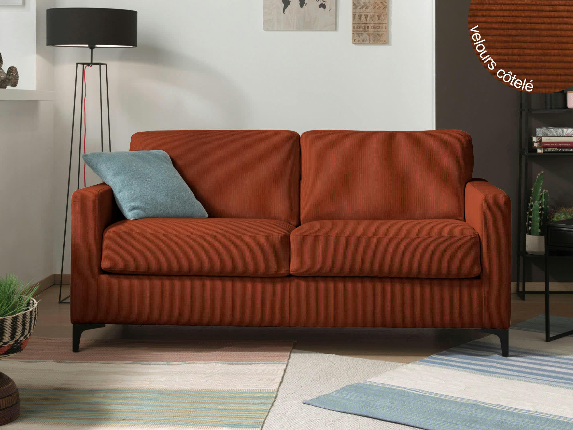 ALIX - Canapé droit convertible 3 places en velours côtelé rouille