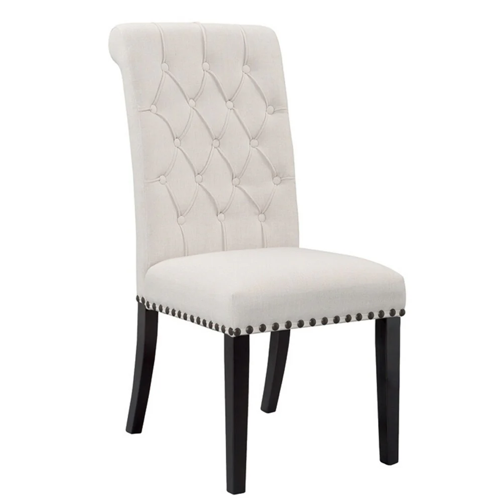 Set of 2 Aleki Beige Fabric Dining Chair Roll Back with Tufted Buttons