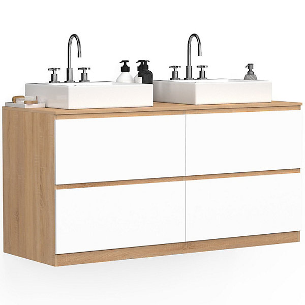 Meuble double vasque suspendu salle de bain TOMI 120 cm 4 tiroirs façon hêtre et blanc