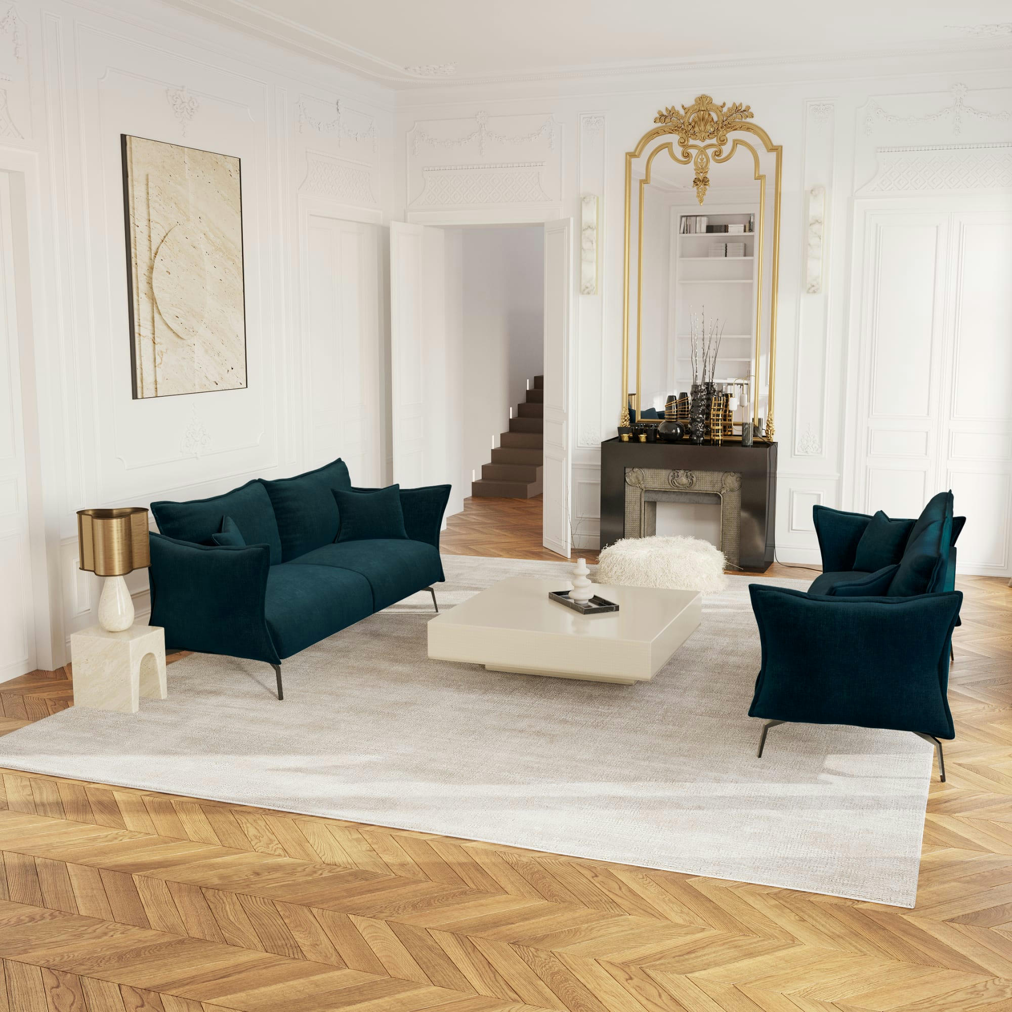 LENNY - Canapé 4 places velours bleu paon