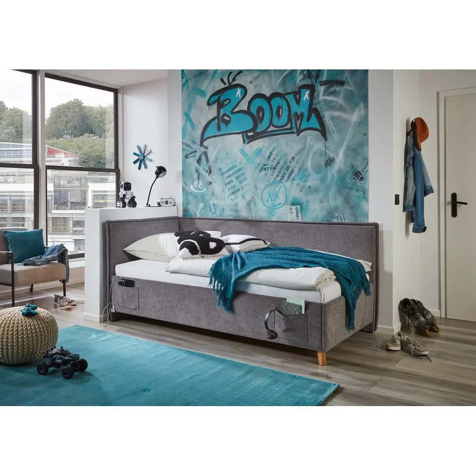 Eenpersoonsbed Ollie - Met rugleuning - 120 x 200 cm - Grijs design