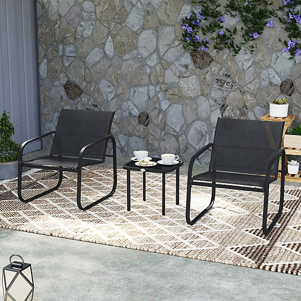 Ensemble bistrot de jardin relax 2 personnes 3 pièces plateau verre trempé acier textilène noir
