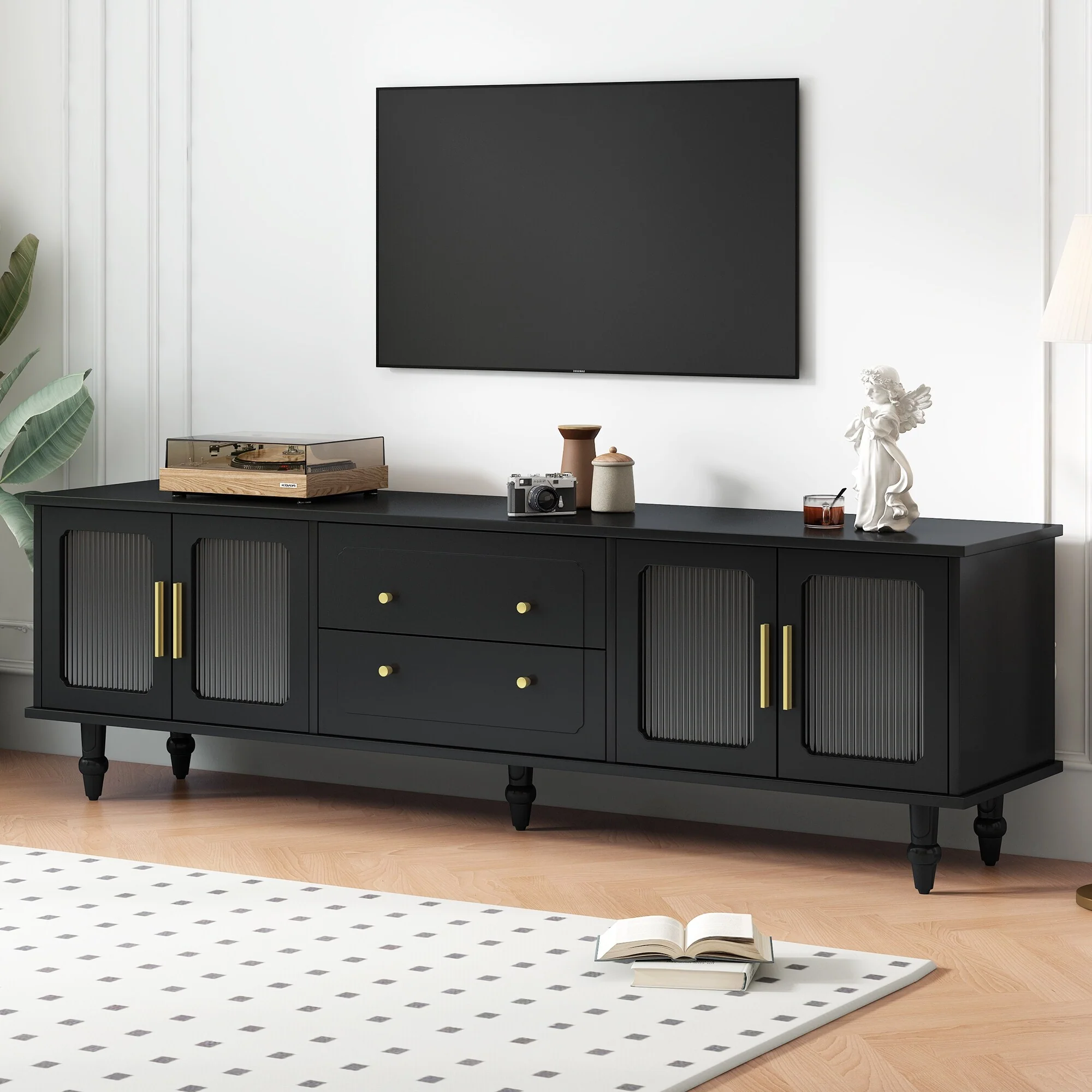 Retro-Inspired TV Stand with Fluted Glass Doors and Ample Storage