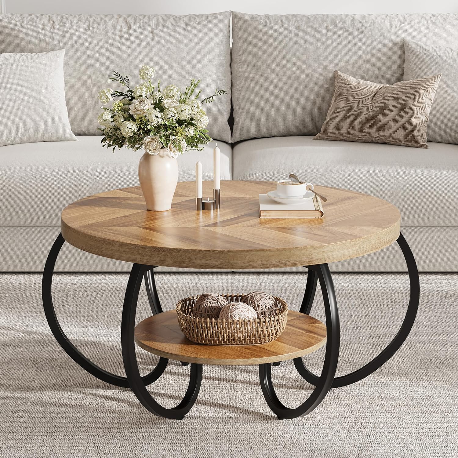 GarveeHome Round Coffee Table 30 in Center Table, 2-Tier Coffee Table Industrial Accent Tables with Adjustable Feet, Living Room Tables with Storage Shelf and Designed Wood Grain, Easy Assemble