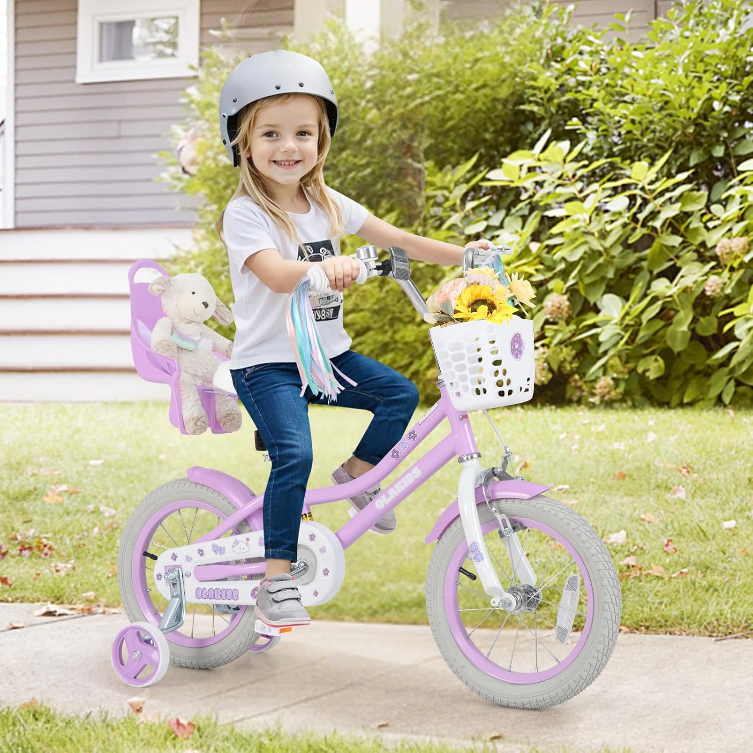 Olakids Kids Bike, 12 14 16 18 20 Inch Toddlers Bike with Doll Seat Basket Adjustable Seat and Handlebar, Handbrake and Coaster Brake, Children's Bicycle for Girls